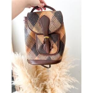 Vintage Straw Backpack Woven Jute Brown Tan Bohemian Cottagecore Plaid